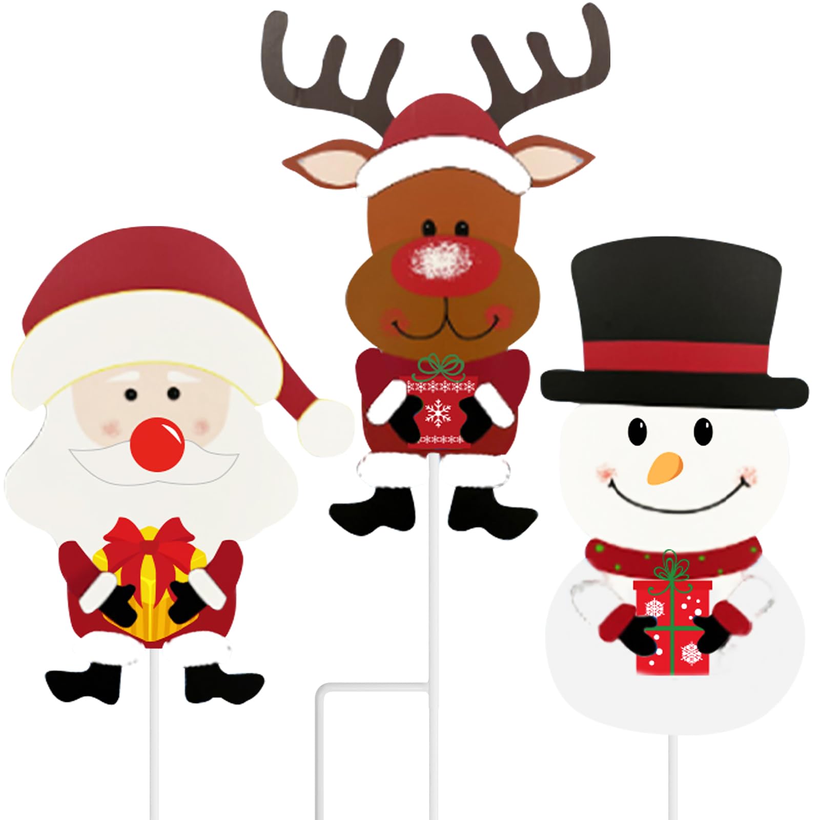 Photo 1 of 3 Pack 23.3 Inches Christmas Yard Signs with Stakes, Metal Standing Reindeer, Santa Claus, and Snowman Yard Signs for Garden Decor, Outdoor Winter Xmas Ornaments for Home Front Door Lawn Decorations