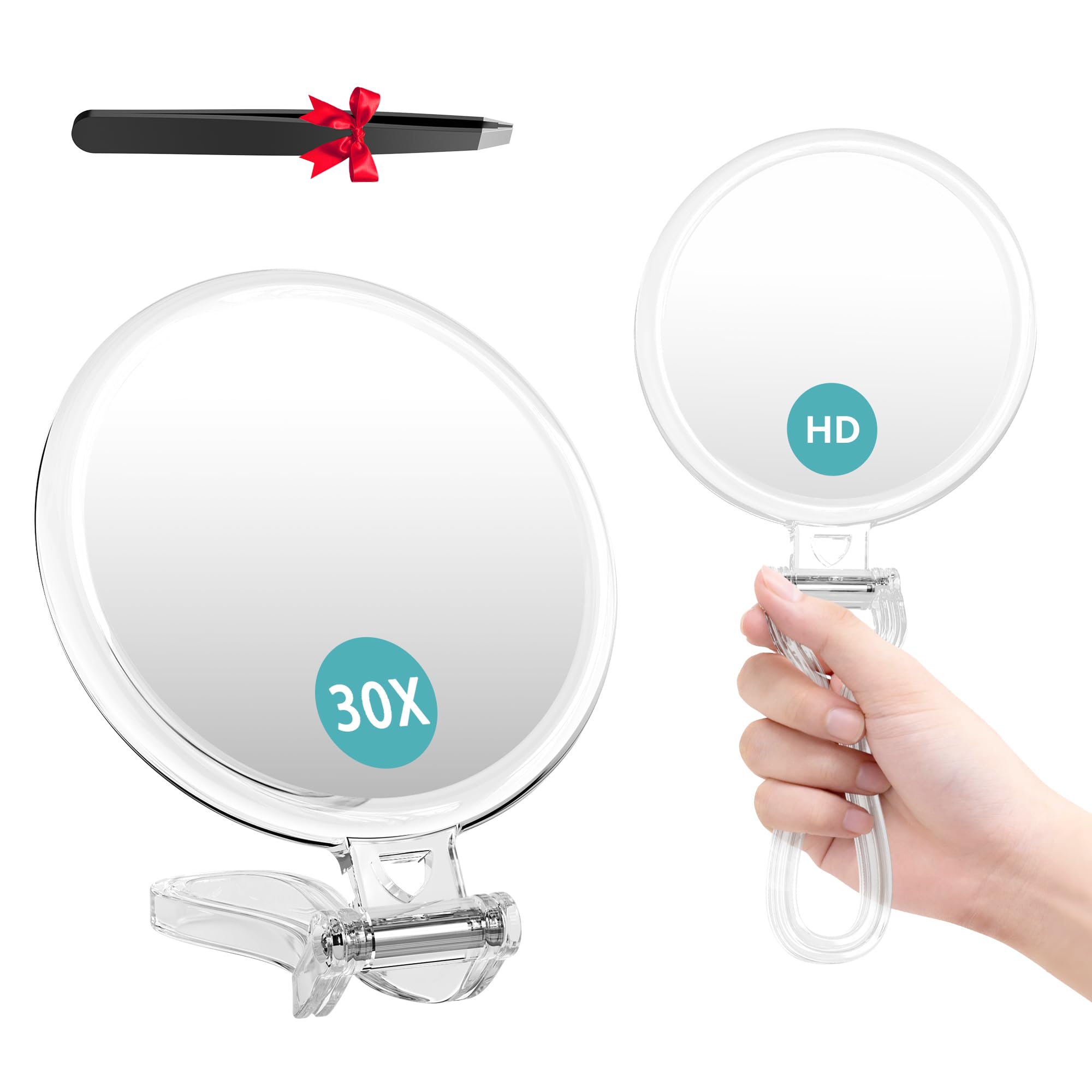 1X/30X Magnifying Mirror for Travel with Handle, Double Sided with 1X/30X Magnification and Tweezers, Foldable Portable Handheld Magnifying Mirror for Makeup, Shaving, Travel