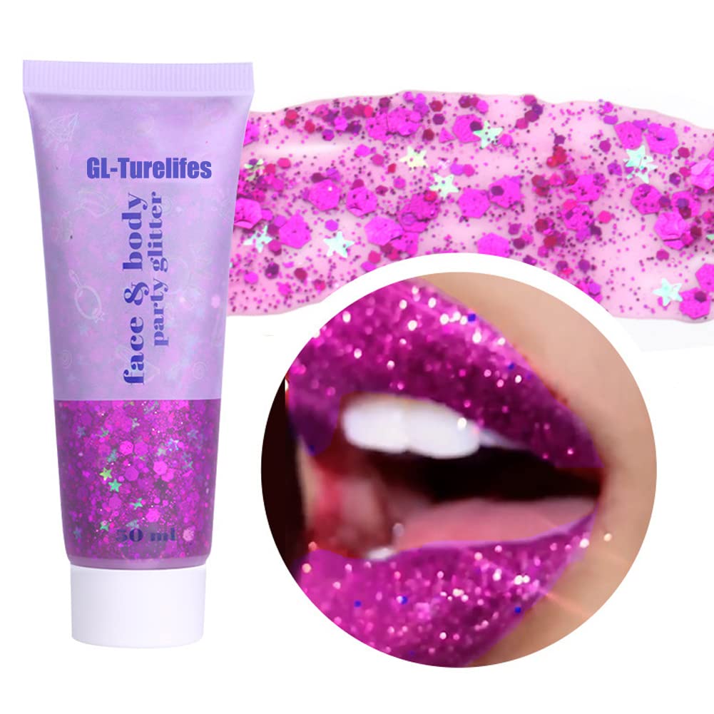 GL-Turelifes Chunky Glitter Gel Glitter Body Gel Festival Glitter Cosmetic Face Hair Nails Makeup Mermaid Sequins Liquid Eyeshadow Long Lasting Sparkling 50ml Easy to Apply& Remove (#04 Light Purple)