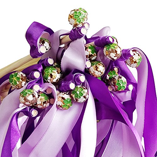 Hangnuo 30 Pack Ribbon Wands Wedding Streamers with Bells, Fairy Stick Wand Party Favors for Baby Shower Holiday Celebration, Double Purple