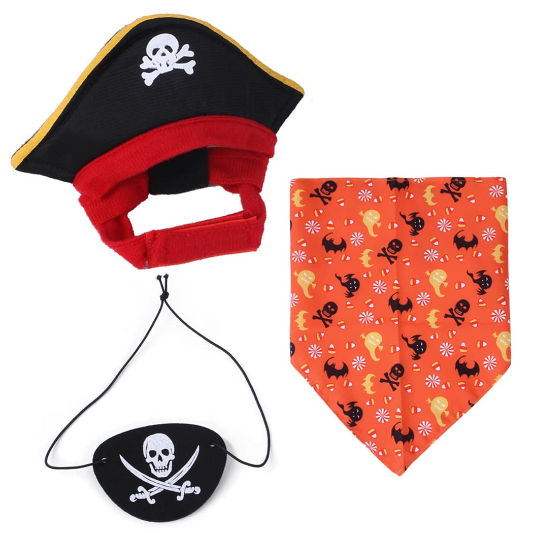 XIAOYU 3-Piece Halloween Dog & Cat Cosplay Set - Pirate Hat, Skull Triangle Bandana, Blindfold - Orange