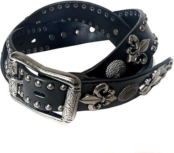 Amazon スタッズベルト メンズ 革 百合紋章スタッズ レザーベルト アラベスクバックル ブラック ベルト 通販