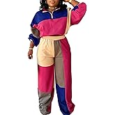 Ptorlio Sweatsuits Women 2 Piece Outfit Casual Long Sleeve Color Block Jogger Wide Leg Sweatpants Set Tracksuit