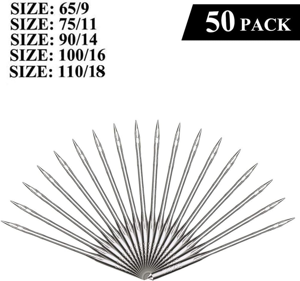 Sewing Machine Needles, 50 Count, Universal Regular Point for Singer, Brother, Sizes 65/9, 75/11, 90/14, 100/16, 110/18 (Silver)