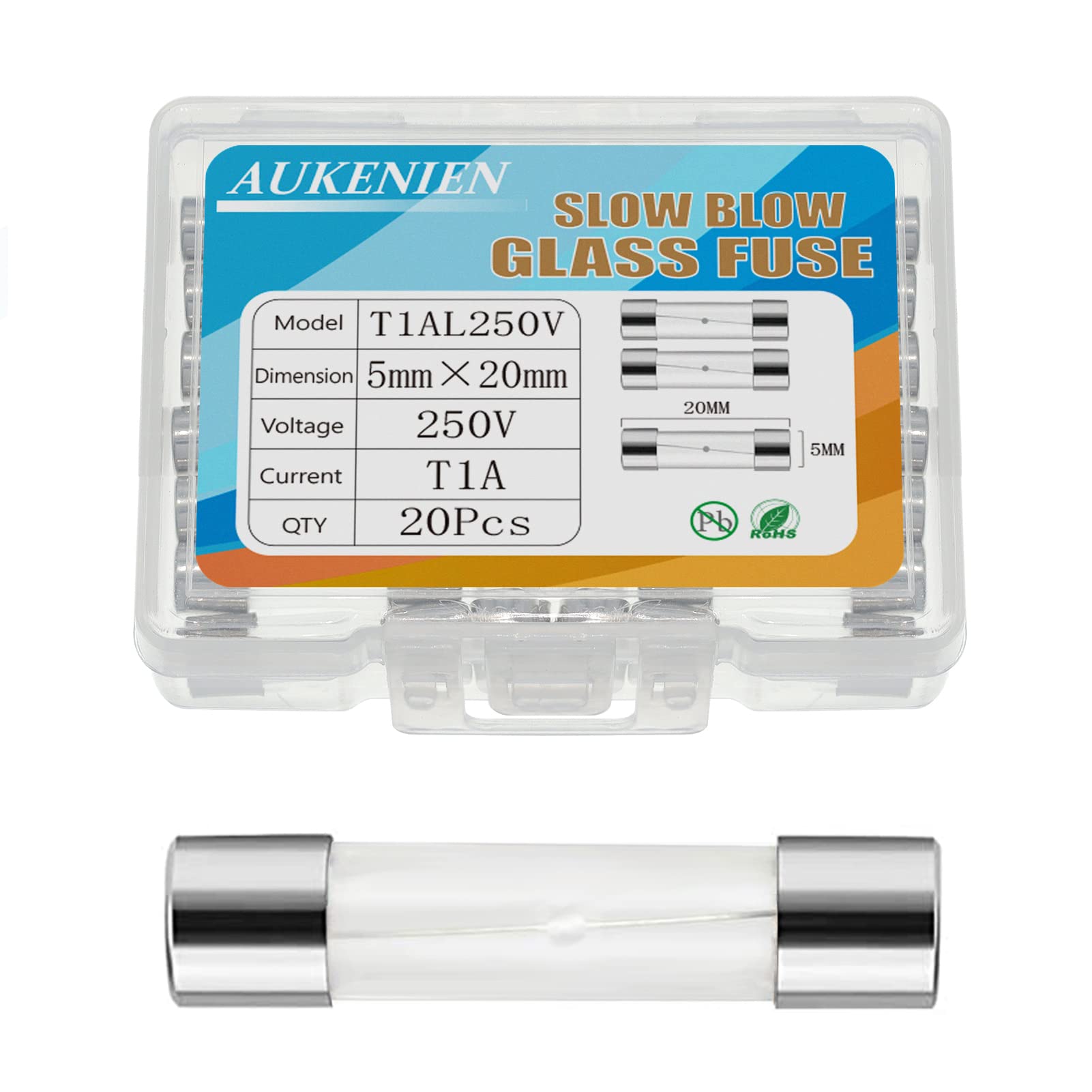 AUKENIEN T 1A 250V Slow Blow Glass Fuses T1AL T1AL250V 5X20 MM 1 Amp 250 Volt Cartridge Tube Time Delay Fuse, Multiple Values of Glass Fuse Optional (Pack of 20)