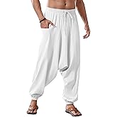 Runcati Mens Harem Pants Baggy Hippie Casual Cotton Linen Loose Boho Yoga Beach Drop Crotch Trouser