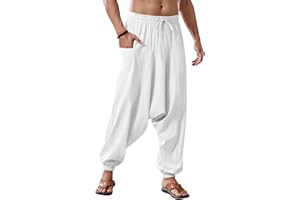 Runcati Mens Harem Pants Baggy Hippie Casual Cotton Linen Loose Boho Yoga Beach Drop Crotch Trouser