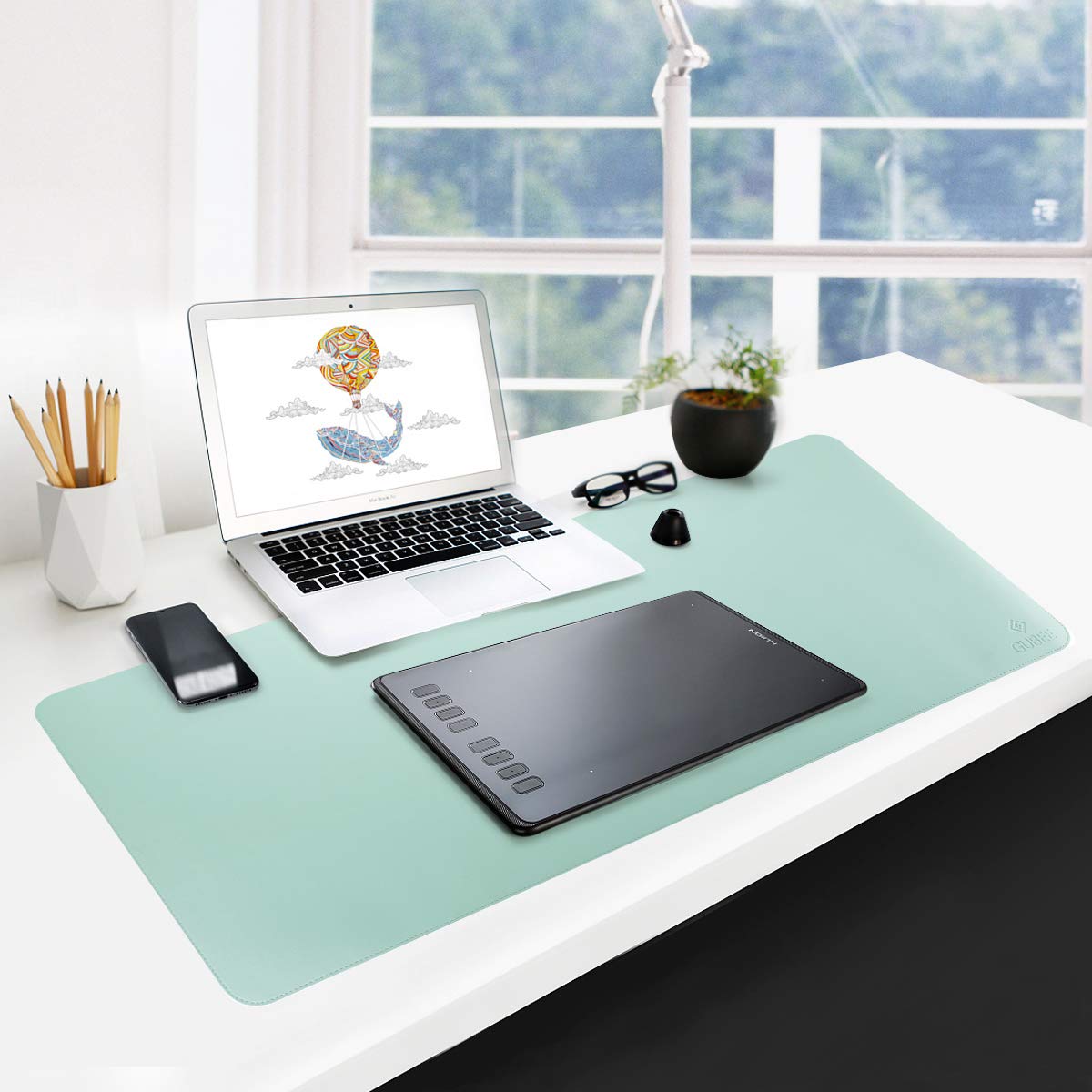 GUBEE PU Leather Multifunctional Office Desk Pad,Upgrade Sewing Edge Desk Mat,Waterproof Non-slip Anti-dirty Scratchproof Mouse Mat Pad for Office,Home and Travel,Size 800x400x2mm (Sky blue + green)