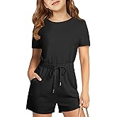 Haloumoning Girls Romper Short Sleeve Drawstring Summer Outfits Kids Casual Short Jumpsuit with Pockets 5-14 Years