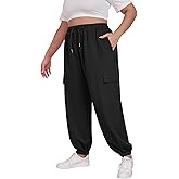OLRIK Women Plus Size Cargo Sweatpants Adjustable Drawstring Joggers Loose Fit Lounge Trousers with Pockets Fall Winter