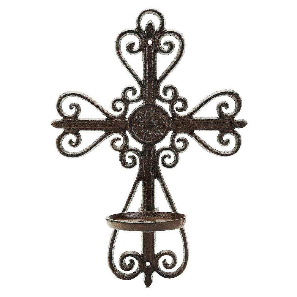 Sungmor Cast Iron Wall Hanging Sconce Tealight Pillar Candlesticks Holder - Vintage Simple Style Hollow Cross Home Candle Display Holder - Handmade Art Candle Stand Decor for Indoor Outdoor