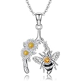 Reaii Bee Necklace for Women S925 Sterling Silver Natural Citrine Daisy with Honey Bee Pendant Necklace Jewelry Gifys for Mom Wife