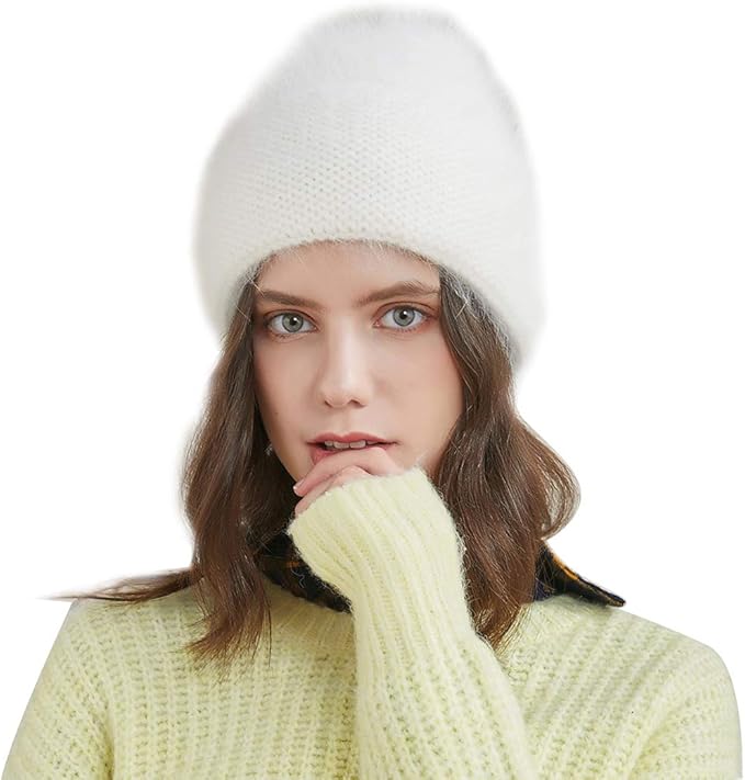 Amazon アンゴラウサギの毛皮の帽子 レディース帽子 ビーニーハット クロシエハット 秋冬 防寒 伸縮性弾力性 ニット帽 婦人帽 波模様の織りパターン 毛混のニット素材 ホワイト ニット 通販