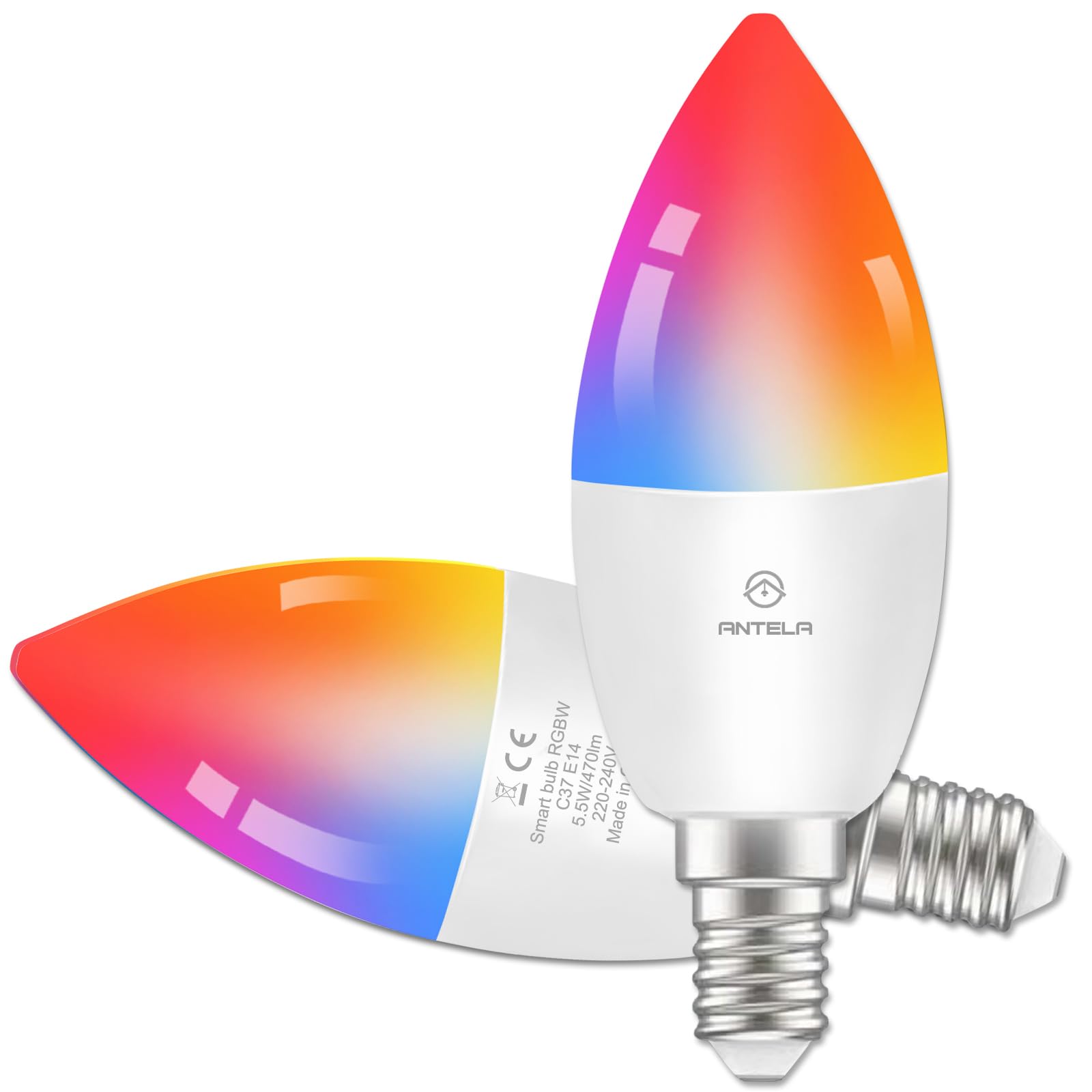 ANTELA Smart Bulb E14 Alexa Light Bulb C37 LED Dimmable Bulb RGB 16 Million Colors 2700-6500K, Smart Life APP Control, Voice Control, Compatible with Alexa, Google Home, 2PCS
