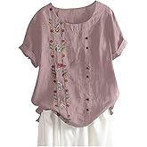 Womens Embroidered Tops Casual Summer Boho T Shirts Loose Fit Short Sleeve Floral Blouses