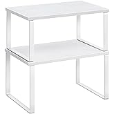 SONGMICS Cabinet Organizer Shelf, Set of 2 Kitchen Counter Shelves, Kitchen Storage, Spice Rack, Stackable, Expandable, Metal and Engineered Wood, Cloud White and Snow White UKCS02W01