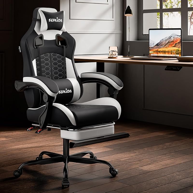 Gaming Stuhl, Ergonomischer Gaming-Stuhl mit Fußstütze, Racing Gaming Chair Kopfstütze Verstellbarer Computerstuhl Höhenverstellbar Lendenwirbelstütze für Homeoffice und Gaming Schwarz — Foto 2 von 8