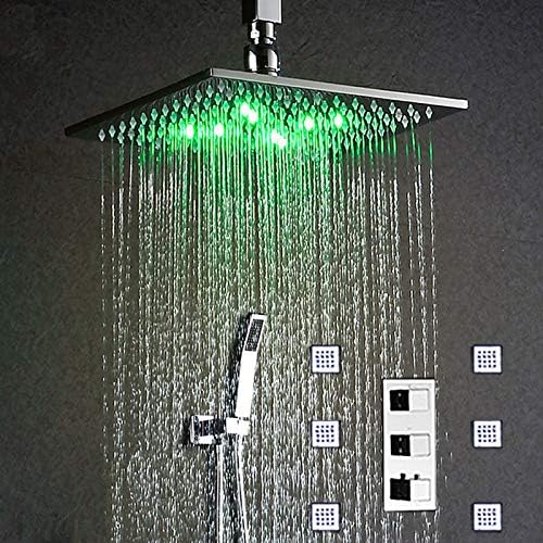 Boyishengshi Thermostatic Square Ceiling Shower System rain Hydropower LED Shower Bathroom 12 inch/Brass Chrome Shower