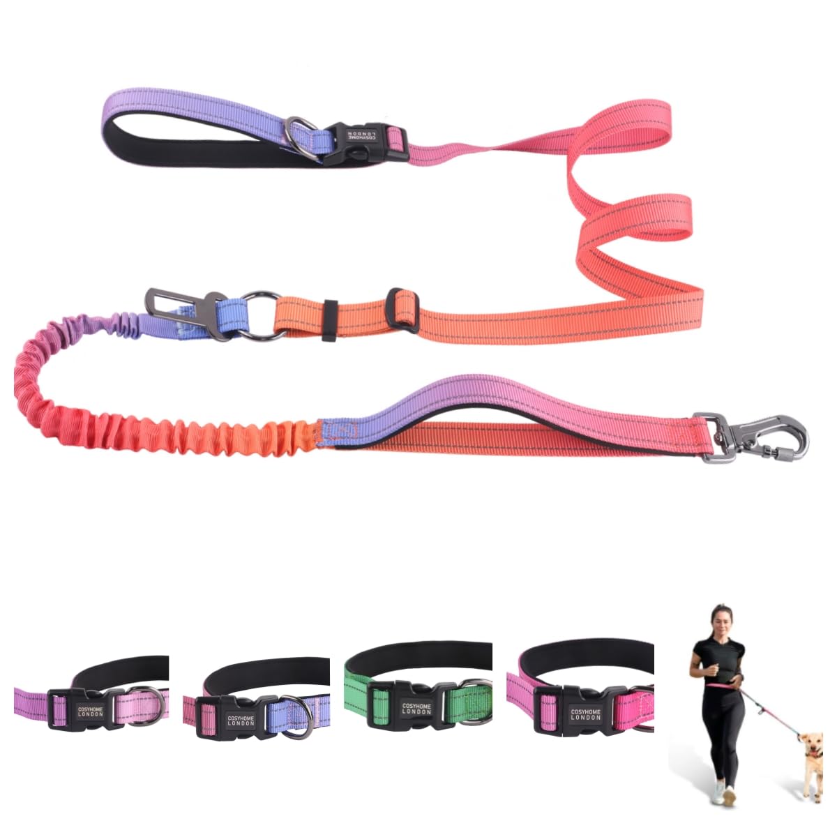 COSYHOMELONDON Hands Free Dog Leash Heavy Duty,No Pull Bungee Dog Running Waist Leash for Walking Training with Car Seatbelt 4-6FT (Peach)