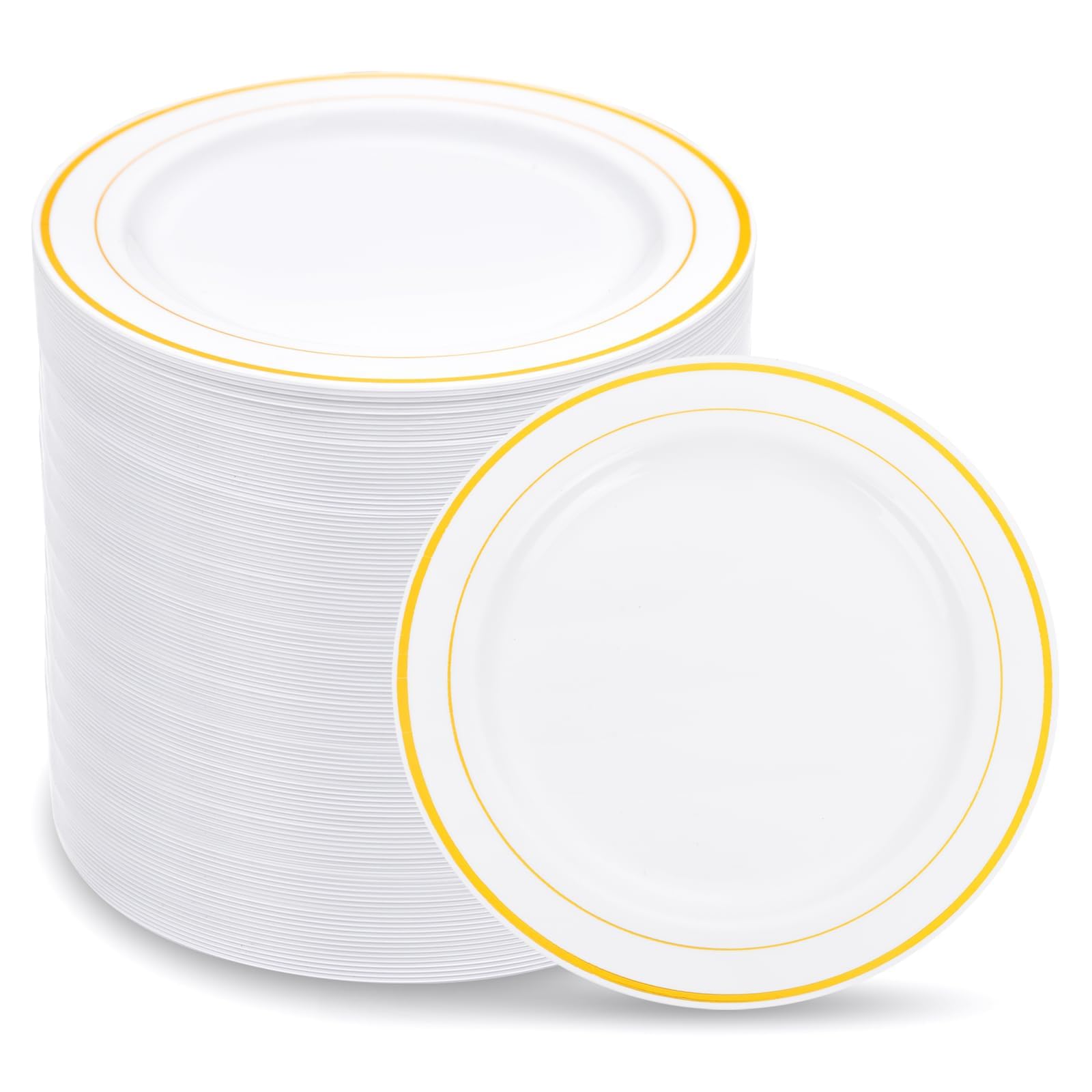 Photo 1 of WELLIFE 144Pcs Gold Dessert Plates, 7.5 Inch Plastic Appetizer plates, Heavy Duty plastic Party Plates, White and Gold Plastic plate for Party and Wedding