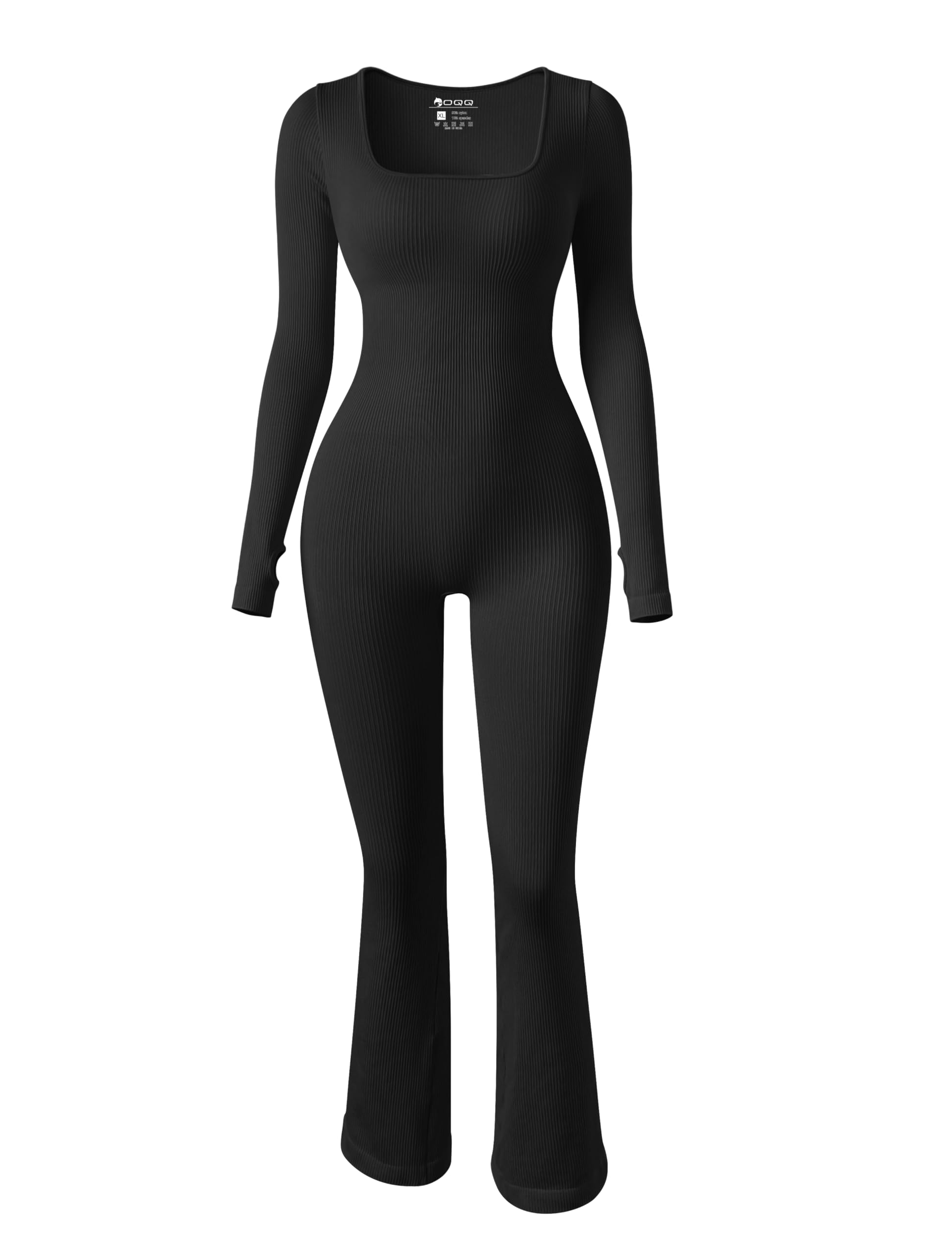 Photo 1 of OQQ Women Yoga Jumpsuits Ribbed Exercise Long Sleeve Tops Bell Bottoms Jumpsuits Black