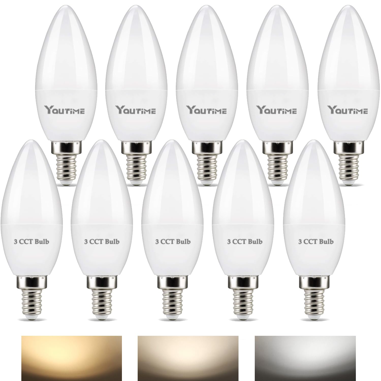 Photo 1 of Youtime E12 LED Candelabra Light Bulbs 60W Equivalent, Warm White Daylight White/Natural White 600 Lumen Chandelier Bulb, 5W 3 Color Temperature LED Bulbs, Non-Dimmable, Pack of 10