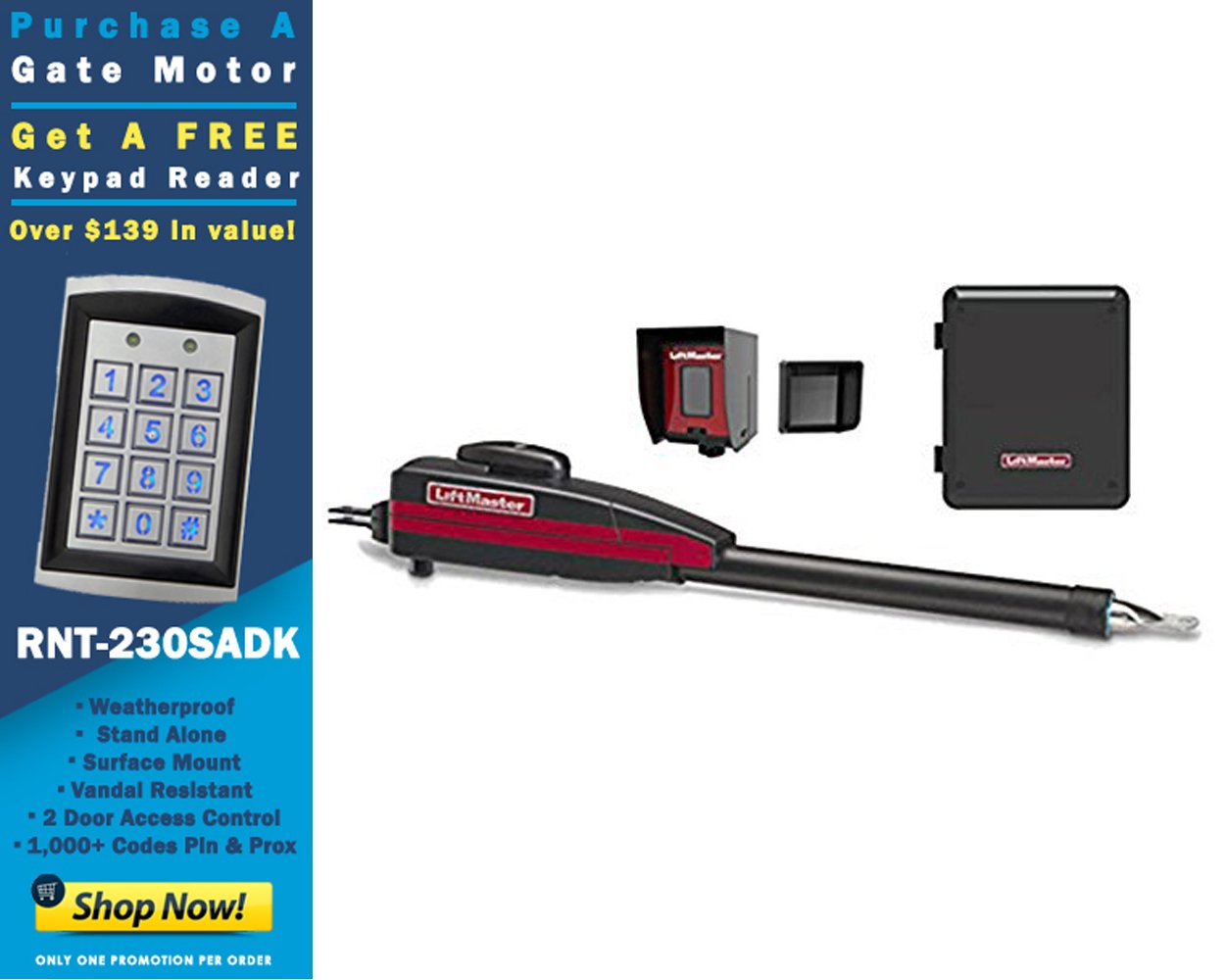 New Liftmaster LA400PKGU Swing Gate Opener Kit with a Free RNT-230SADK Weatherproof Keypad Prox Reader 1000+ Users