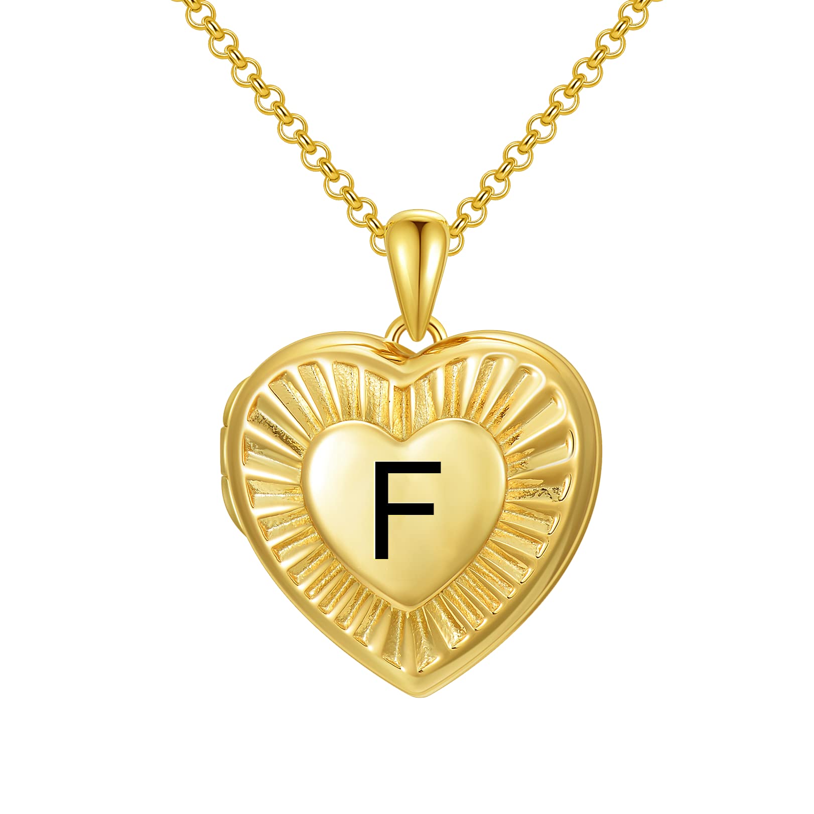 SOULMEET 18ct Gold Plated Silver Radiation Initial Heart Locket Necklace That Holds Pictures Photo Locket Necklace Alphabet F (Locket only)