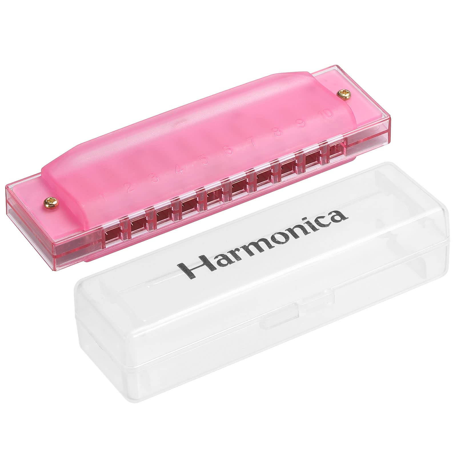 PATIKIL Clearly Colorful Translucent Harmonica 10 Holes Pink ABS Harp Mouth with PVC Box for Educational Musical Instruments Beginners Adults Professionals
