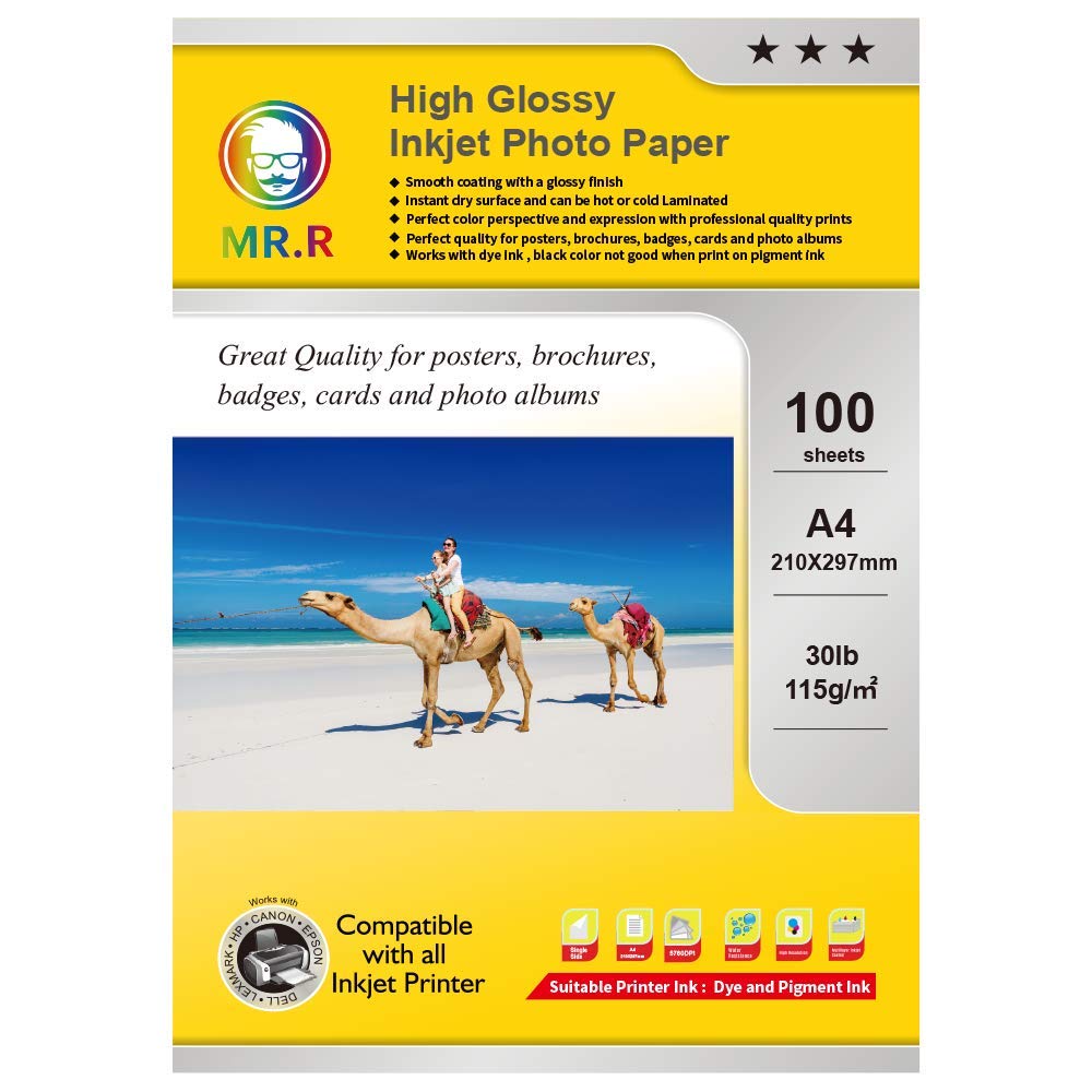 MR.R Single Side High Glossy Inkjet Photo Paper 115gsm A4 210 x 297mm 100 Sheets Per Pack for Epson Inkjet Printers