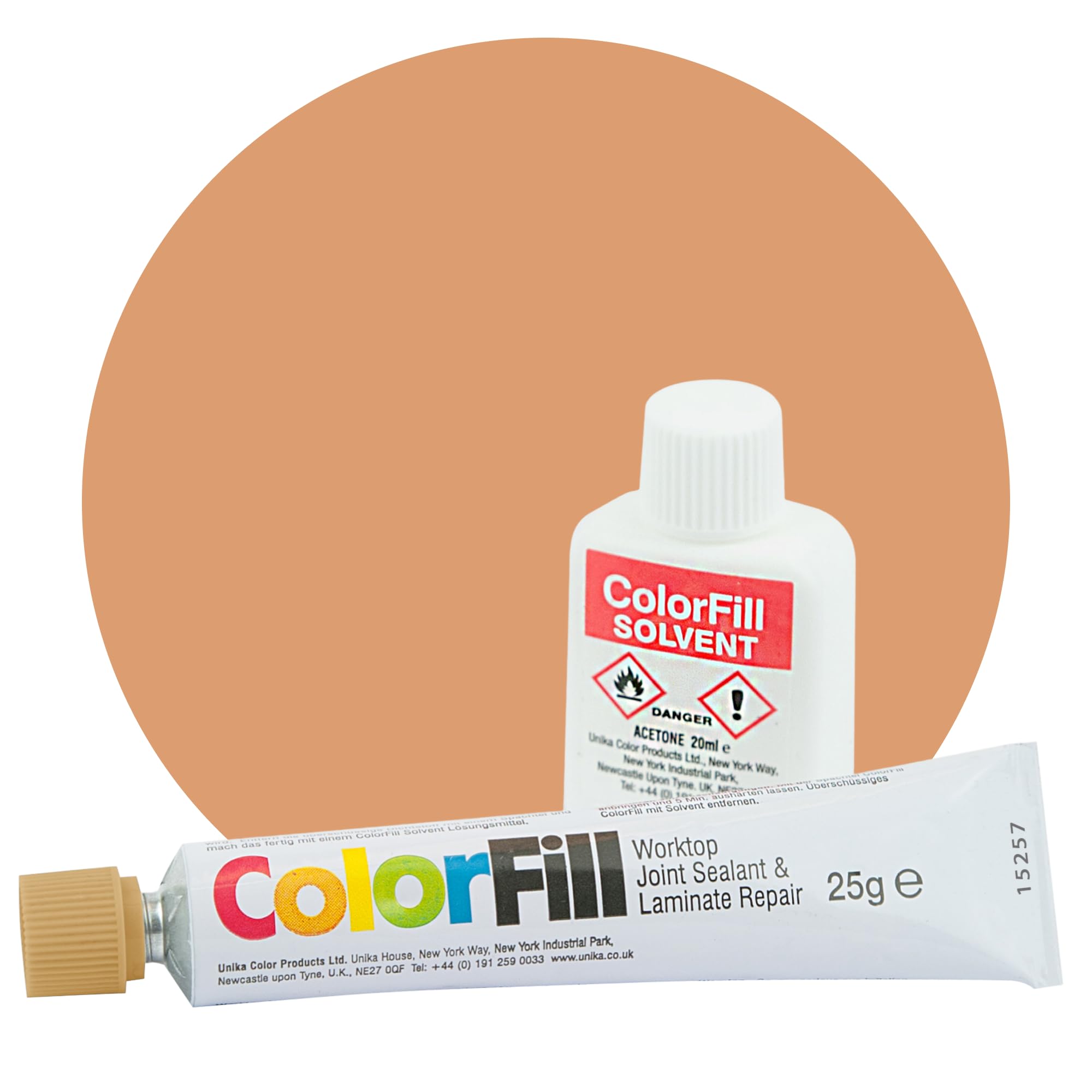 Unika ColorFill Beech (CF009) – Laminate Worktop Repair Kit, Joint Compound, Sealant & Filler | 25g Tube + Applicator + 20ml Solvent – Kitchen Worktop Scratch Repair