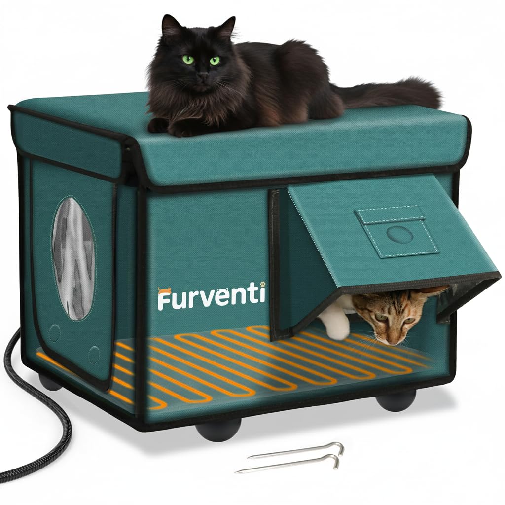 Photo 1 of Heated Cat House for Outside with Dual Doors, Insulated Cat House Outdoor with Heating Pad, Weatherproof Heated Outdoor Cats Houses Weatherproof for Feral Cats (Deep Green, 17.5" L x 12" W x 13" H)