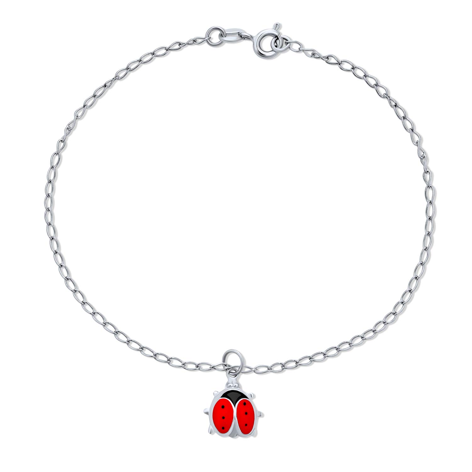 Bling Jewelry Lucky Red Ladybug Garden Dangle Charm Anklet Link Ankle Bracelet For Women Teens .925 Sterling Silver 9.75 Inch