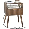 Fultyle Mid Cetury Modern Nightstand with Charging Station, Fluted Bedside Table with Storage, Modern Side End Table with Solid Wood Legs Living Room for Bedroom and Small Space (Rustic Brown)