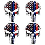 WZT 4 Pcs Red and Blue 4x5.2 Inch Subdued Us Flag Punisher Skull Reflective Decal with Thin Blue Line (police and fire Support) (2)