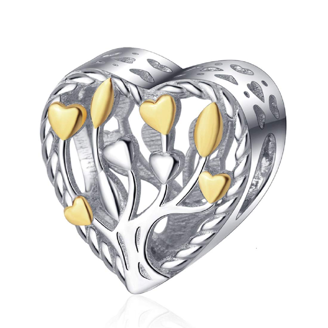 FeatherWish Sterling Silver 925 Family Tree Love Heart Life Bead Charms With Gold Plating Fits And Compatible With Pandora Bracelets Gift Friend Wife Birthday Sister Mum