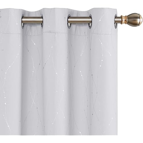 Deconovo White Blackout Curtains Wave Line with Dots Grommet Blackout Printed Curtains for Bedroom 42 x 84 Inch Greyish White 2 Panels