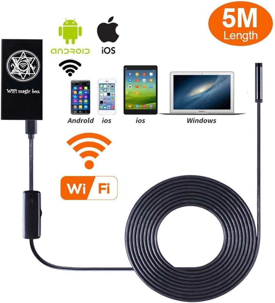 Wireless Endoscope WiFi Borescope Inspection Camera 2.0 Megapixels HD Snake Camera, 8mm Borescope of Black Magic WiFi Box for iPhone and Android Smart Phone(5m/16.4ft)