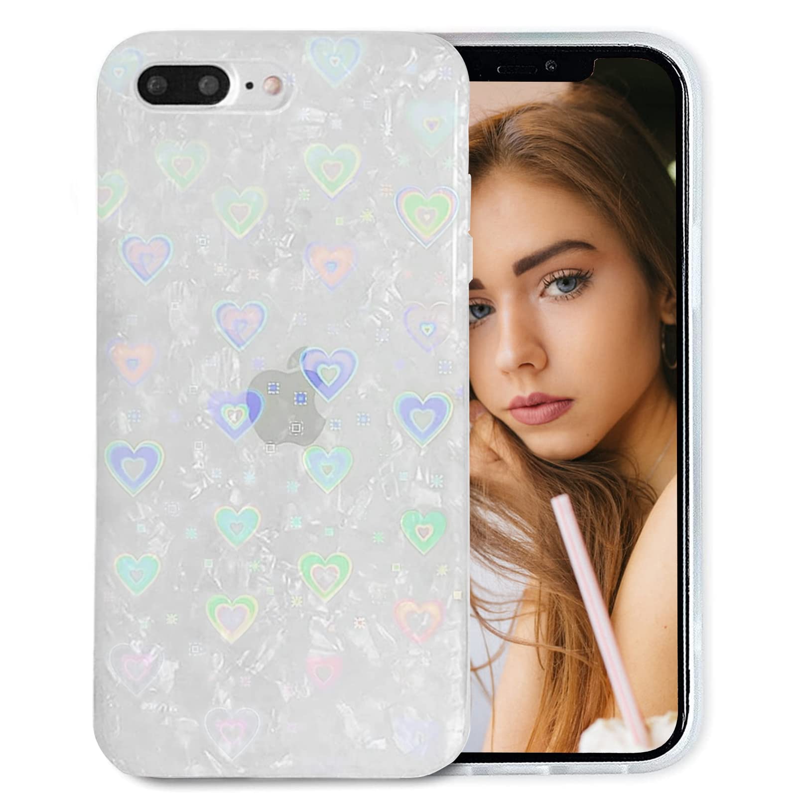 UEEBAI Phone Case for iPhone 7 Plus/iPhone 8 Plus, Full Body Protective Shockproof Hard Back Case Slim Soft TPU Bumper Case with Radiant Heart Glitter Design for Women Girls - White