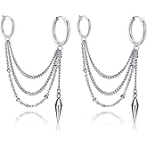 Xusamss Punk Jewelry Stainless Steel Huggie Hinged Earrings Spike Tassel Long Chain Dangle Drop Earrings