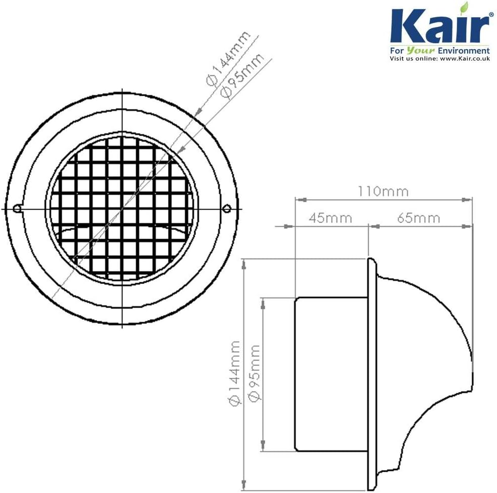 Kair Bull-Nose External Vent 100mm - 4 inch Rear Spigot Stainless Steel Grille with Louvres, Fly Screen and Drip Deflector - Image 3