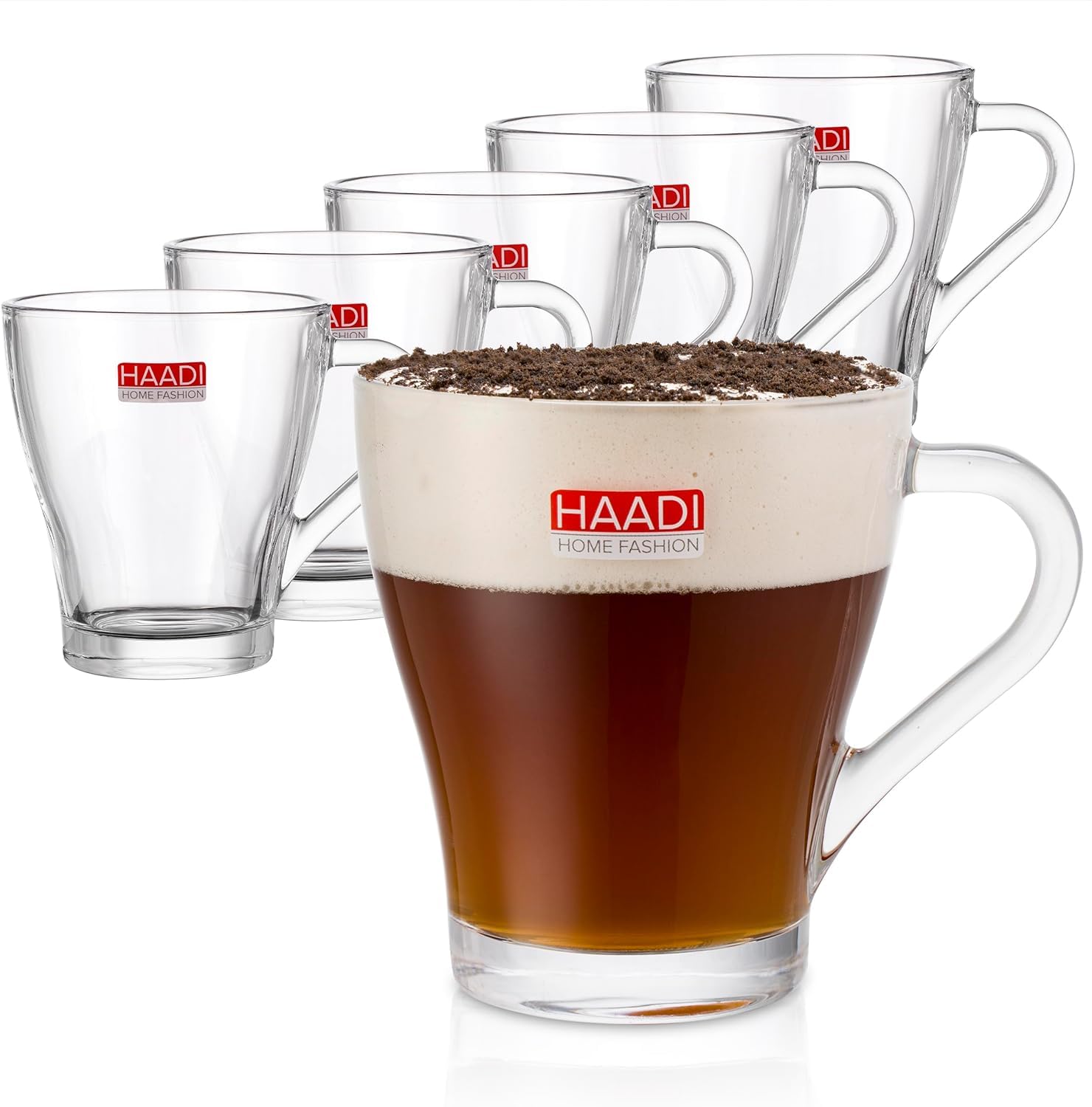 HAADI Glass Coffee Mugs Set of 6 (260ml), Clear Tea & Latte Cups with Handles, Thick Bottom, Rolled Rim, Durable & Dishwasher Safe for Hot and Cold Drinks