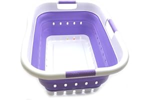 SAMMART 41L Collapsible 3 Handled Plastic Laundry Basket - Foldable Pop Up Storage Container/Organizer - Portable Washing Tub - Space Saving Hamper/Basket (3 handled rectangular, White/Lt. Purple)