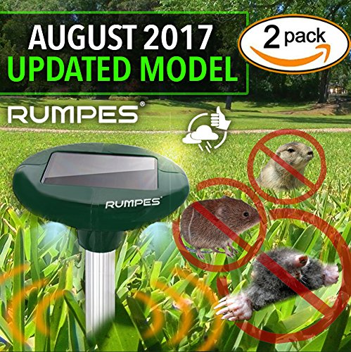 Solar Repellent Spike: 2-Pack, (Water Resistant with LED Lights) Gopher, Rodents, Moles, Voles, Mice, Rats, Snakes, Shrew, Pests Water Resistant Solar Powered Ultrasonic Repeller RUMPES