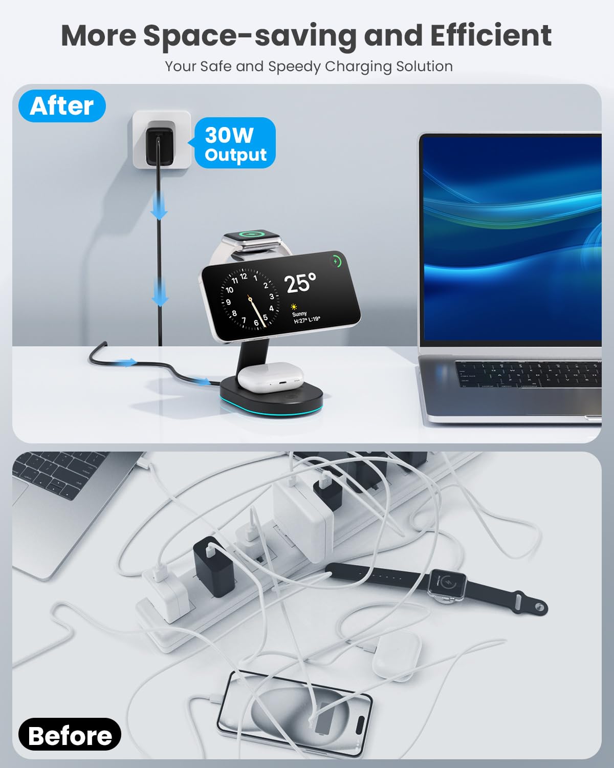 3 in 1 Wireless Charger Charging Station for iPhone,Qi2 Certified 15W Magnetic Charging Stand for Mag-Safe with 30W USB C Adapter&Friendly Night Light for iPhone 16/15/14/13/12,Apple Watch,AirPods
