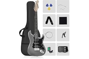RVONE RST-150 39" Beginner Electric Guitar Kit with Amp & HSS Pickups | Complete Starter Set for Newcomers w/Essentials | Gig Bag, Extra Strings, Digital Tuner, Capo, Strap | Home Practice (Black)
