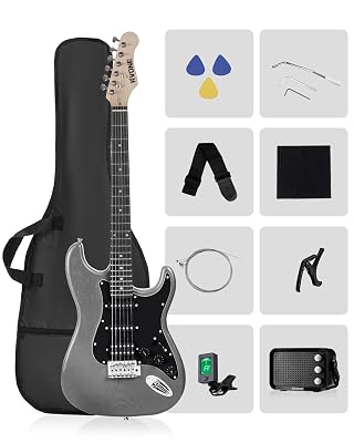 RVONE RST-150 39" Beginner Electric Guitar Kit with Amp & HSS Pickups | Complete Starter Set for Newcomers w/Essentials | Gig Bag, Extra Strings, Digital Tuner, Capo, Strap | Home Practice (Black)