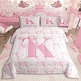 jejeloiu Cute Pink Bow Kids Bedding Set Full Size,Boys Girls Personalized Letter K Comforter Set,Cute Coquette Bow Knot Ultra Soft Duvet Quilt,Initial Letter K Comforter Monogrammed Bedroom Decor