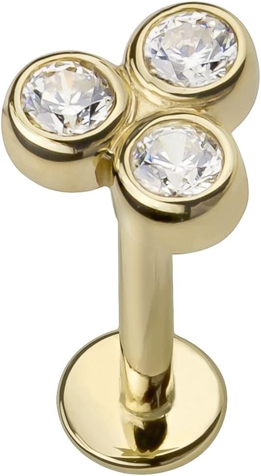Diamond 3 Stone Trinity 14K Yellow Gold Labret Lip or Tragus Earring