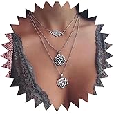 Andelaisi Boho Layered Hamsa Choker Necklace Vintage Sanskrit Symbol Pendant Necklace Silver Sunflower Chain Necklace Multilayer Yoga Om Necklace Chain Jewelry for Women
